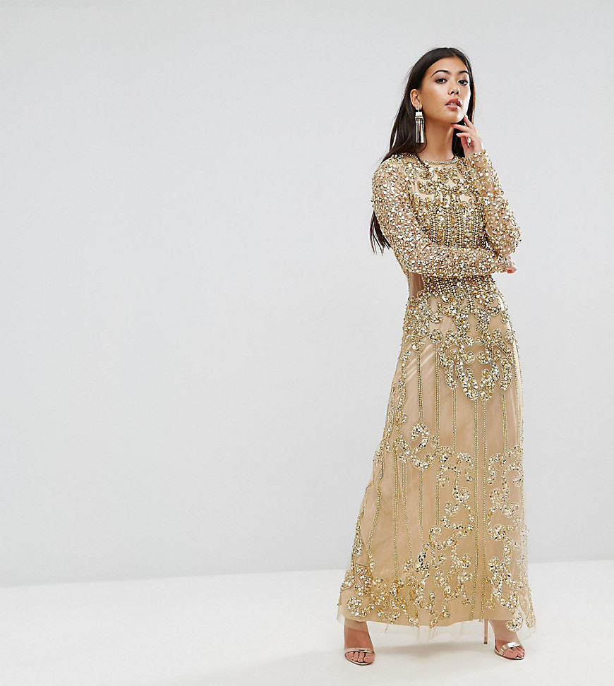 A Star Is Born Petite Embellished Baroque Maxi Dress With Front Split - Gold