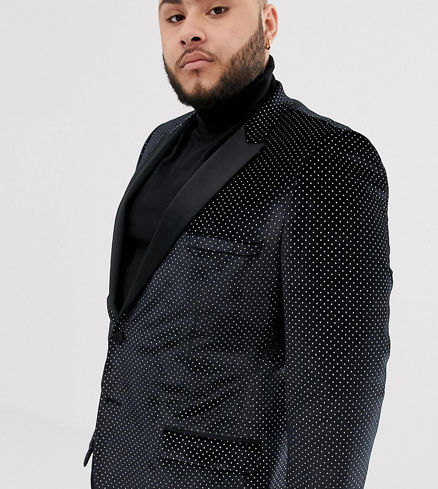 ASOS DESIGN Plus skinny tuxedo blazer in black velvet with glitter spot