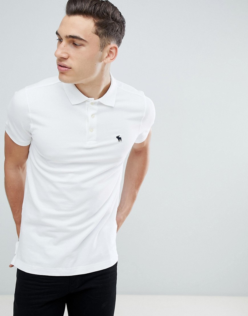 Abercrombie & Fitch pique polo stretch slim fit icon in white