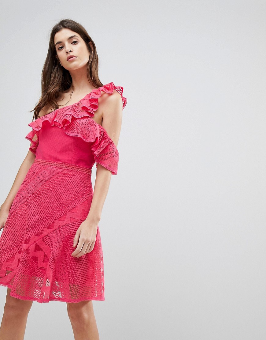 Three Floor One Shoulder Frill Lace Dress-pink