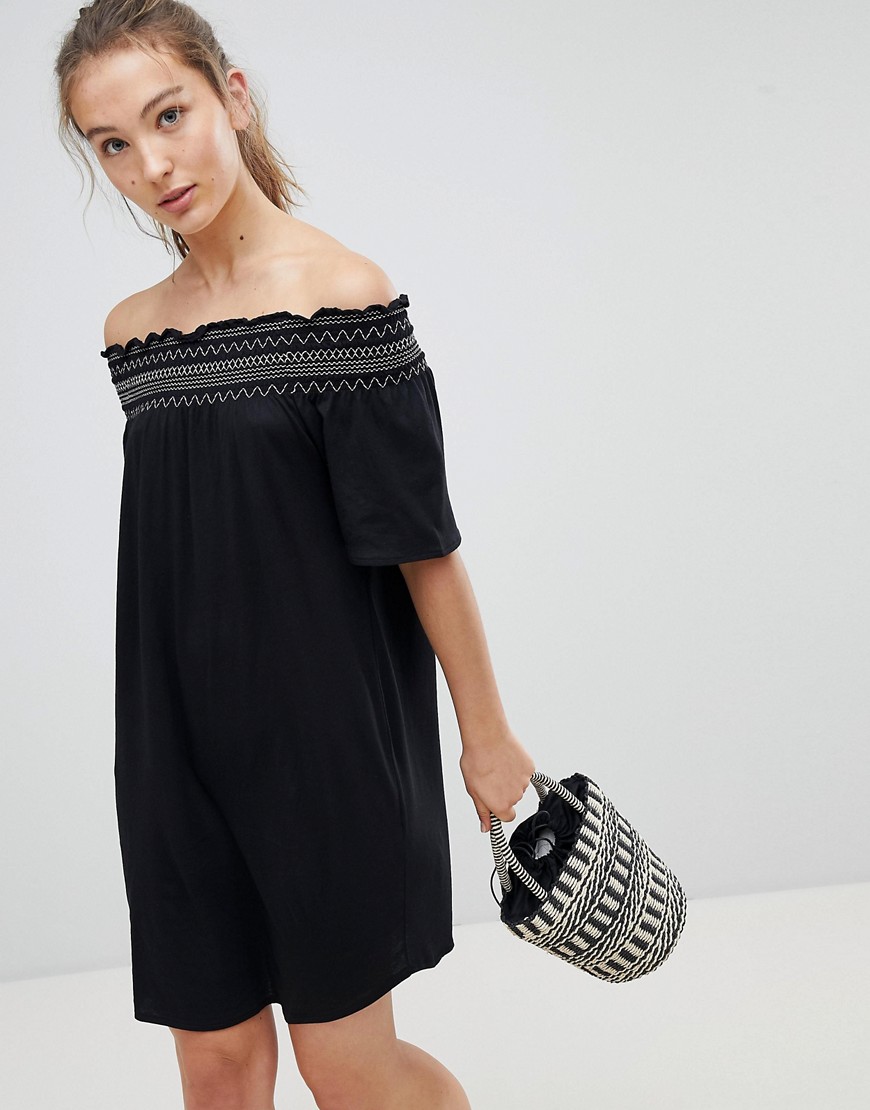 New Look Shirred Contrast Stitch Bardot Beach Dress - Black