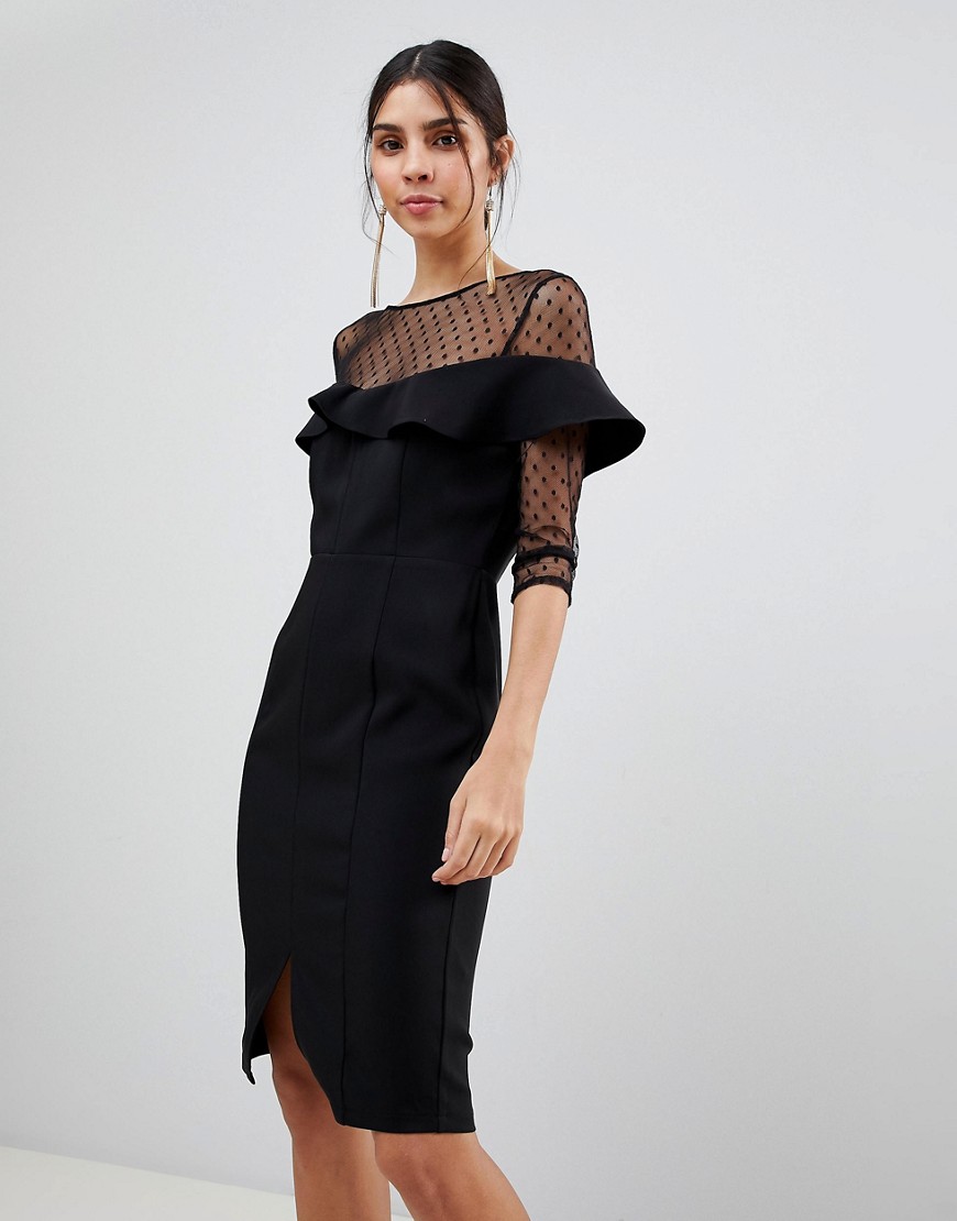 Paper Dolls 3/4 Sleeve Mesh Dress With Frill Detail - Black