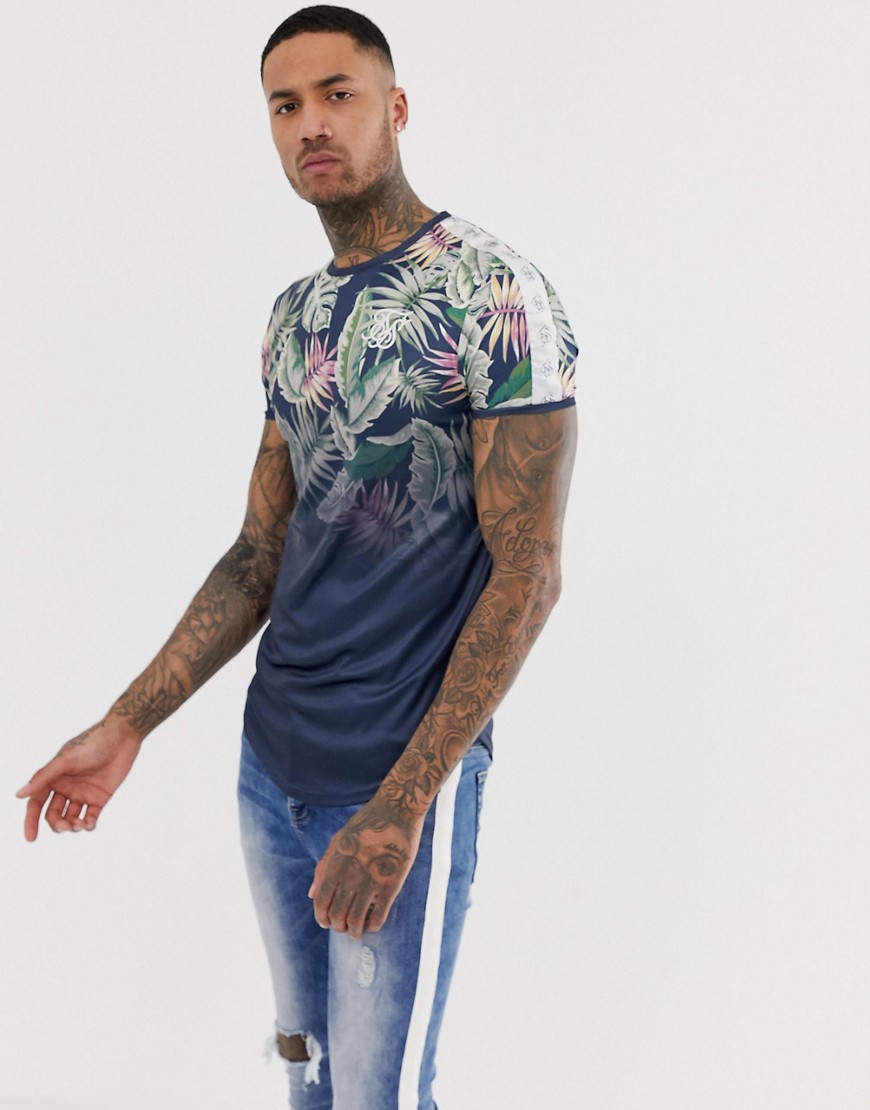 SikSilk t-shirt in navy with palm print