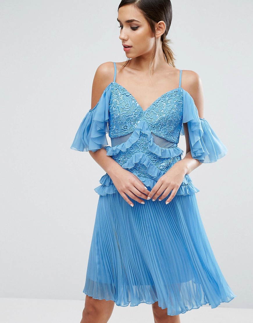 Three Floor Cold Shoulder Mini Dress with Pleated Skirt - Blue