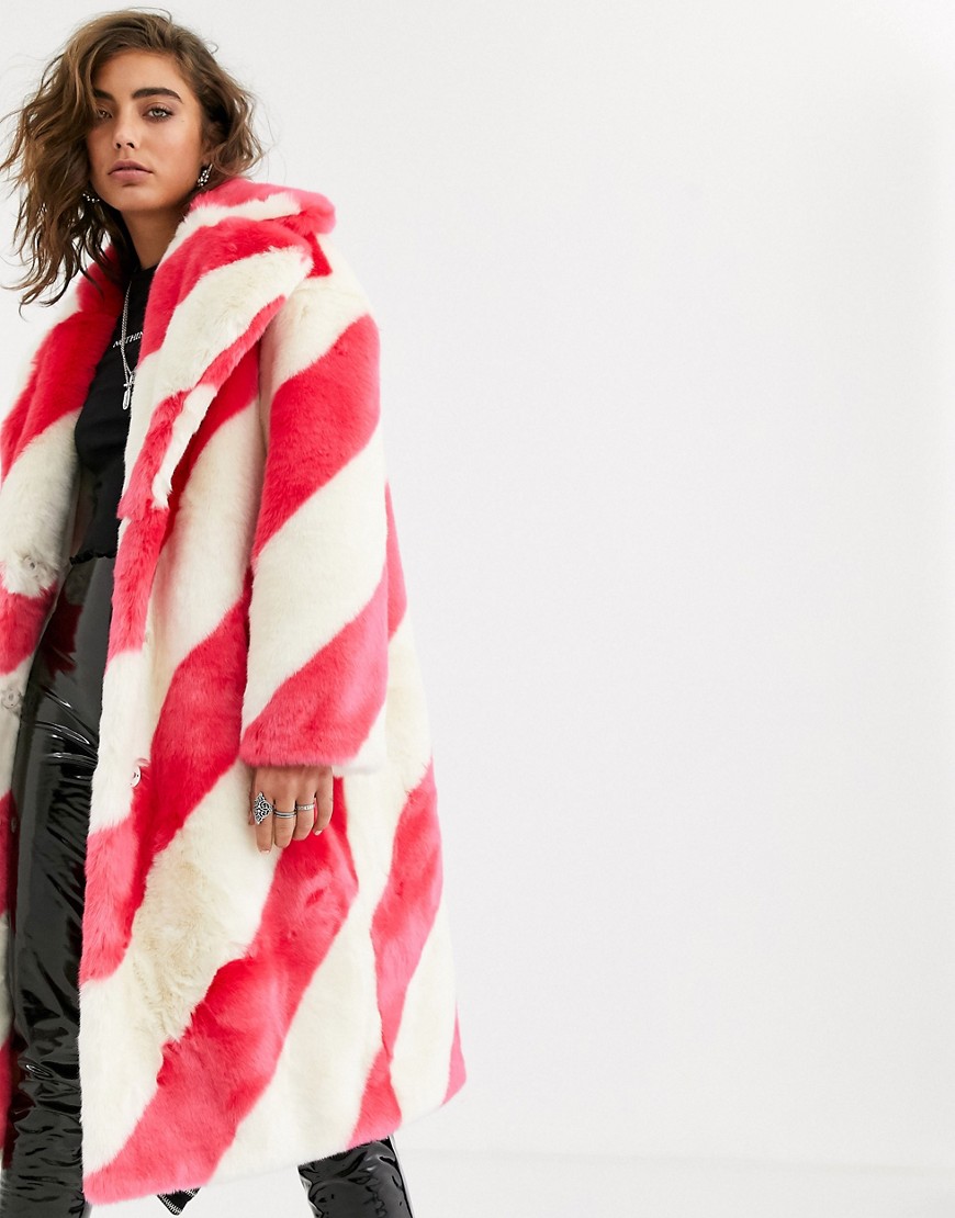 Jakke long coat in faux fur candy stripe
