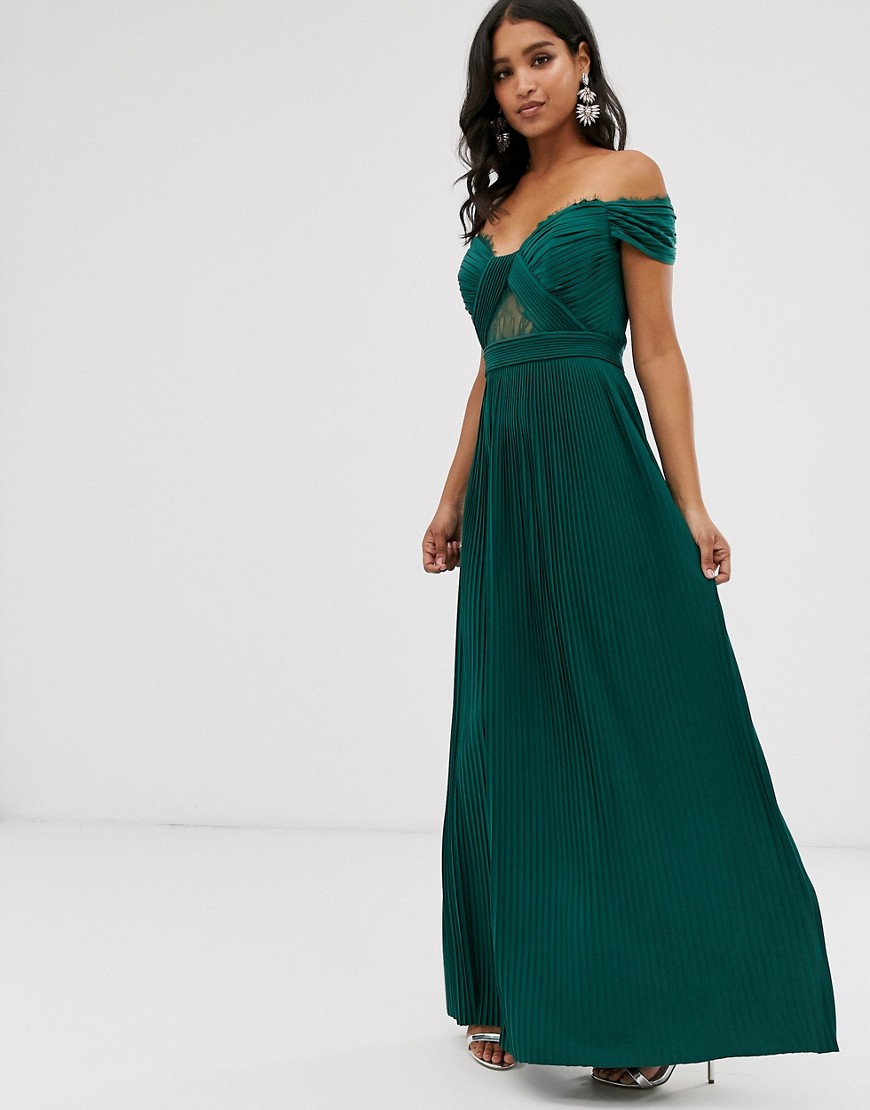 Asos Design Premium Lace And Pleat Bardot Maxi Dress-green