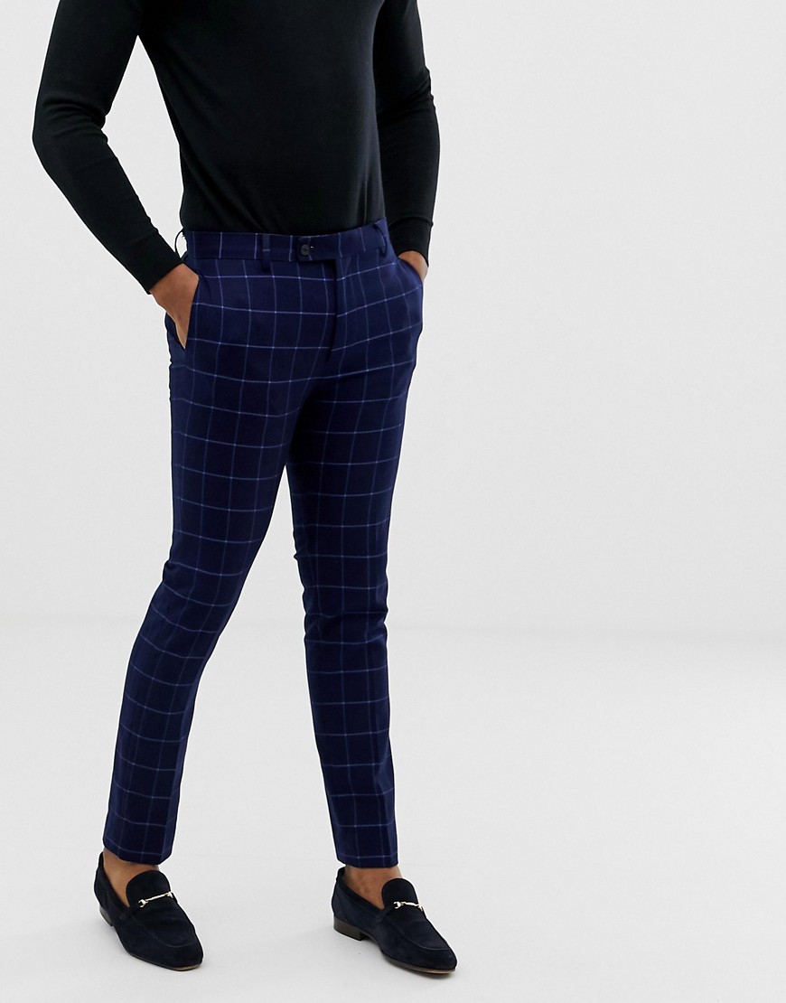 Avail London skinny fit windowpane suit trousers in blue navy