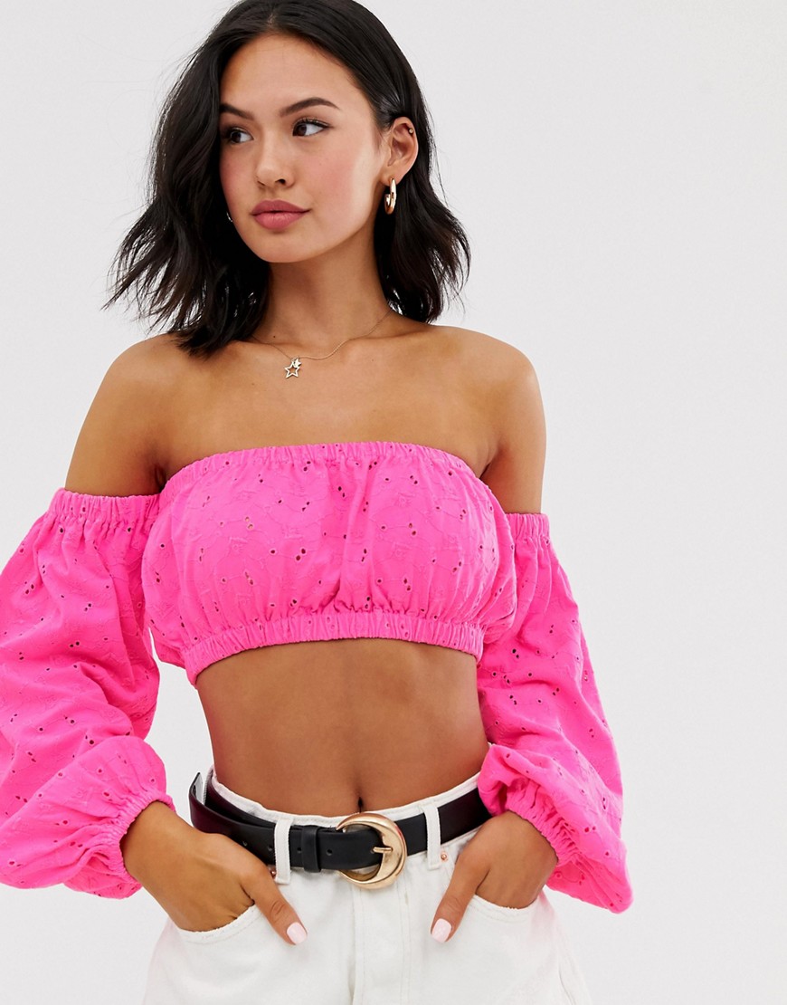 Asos Design Broidery Top With Off Shoulder In Neon Pink