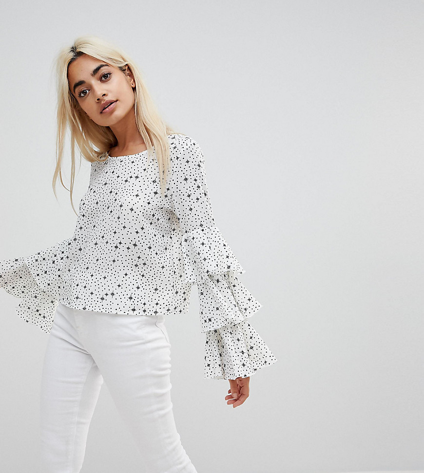 Glamorous Petite Top With Ruffle Layer Sleeves In Star And Spot Print - White