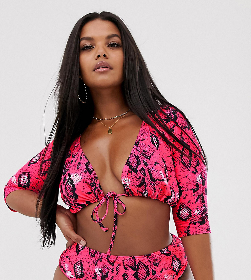 ASOS DESIGN curve mix and match long sleeve tie front bikini top in pink neon snake
