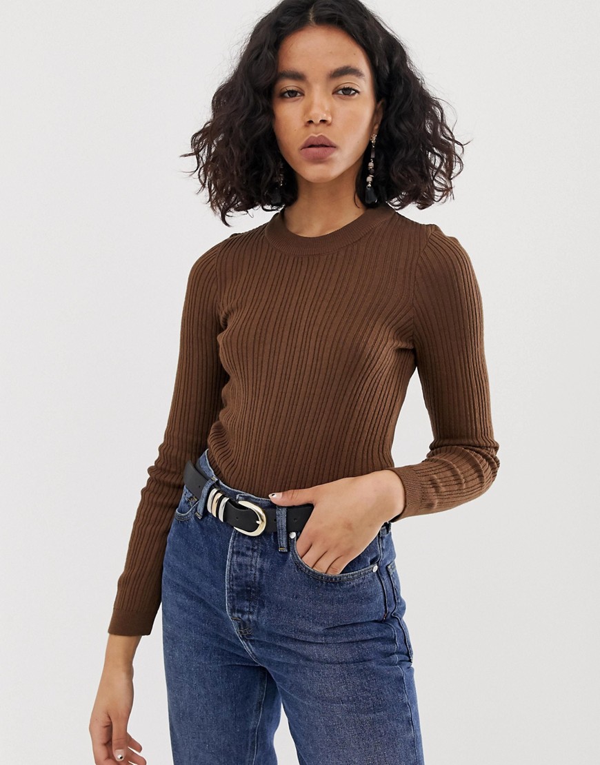 Asos Design Ribbed Sweater In Fine Knit-beige