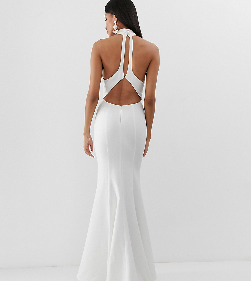 Jarlo Tall high neck trophy maxi dress with open back detail in white