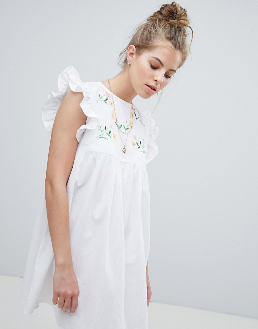 Wednesday's Girl Smock Dress With Floral Embroidery - White