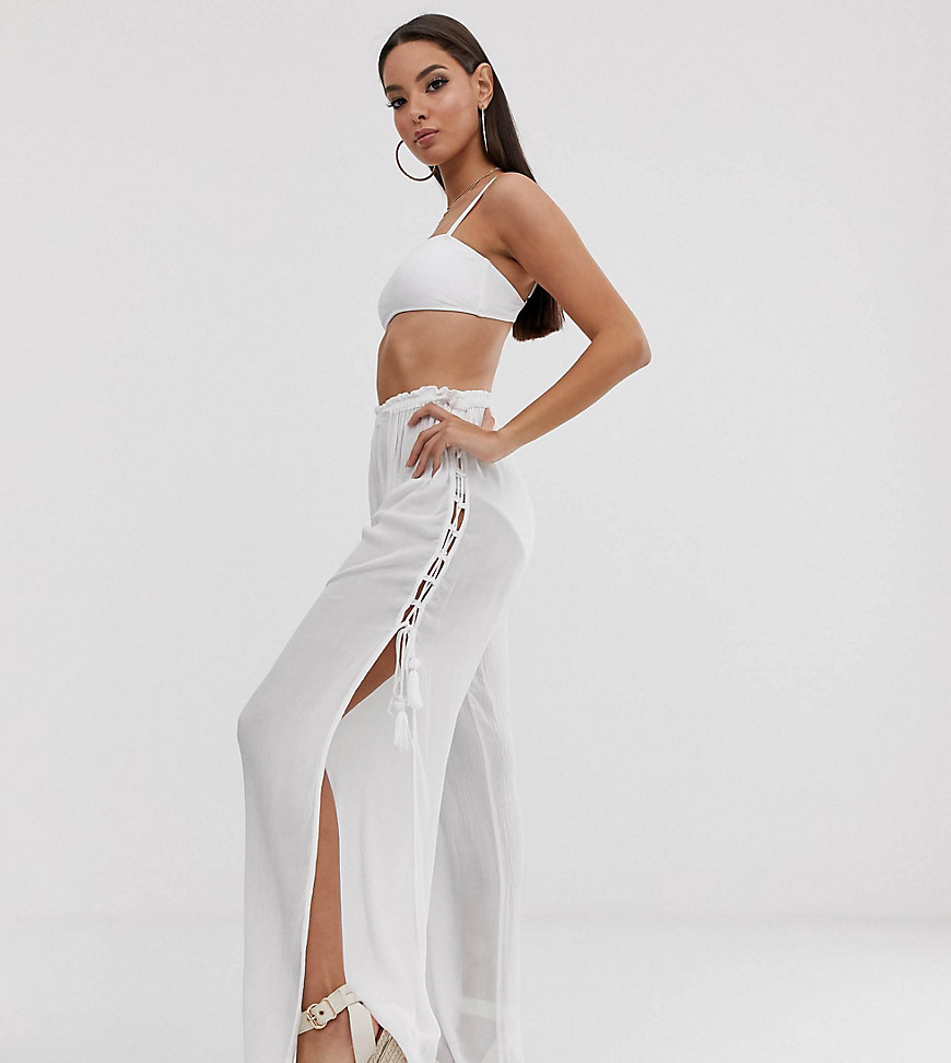 South Beach Exclusive tie up split beach trousers in white