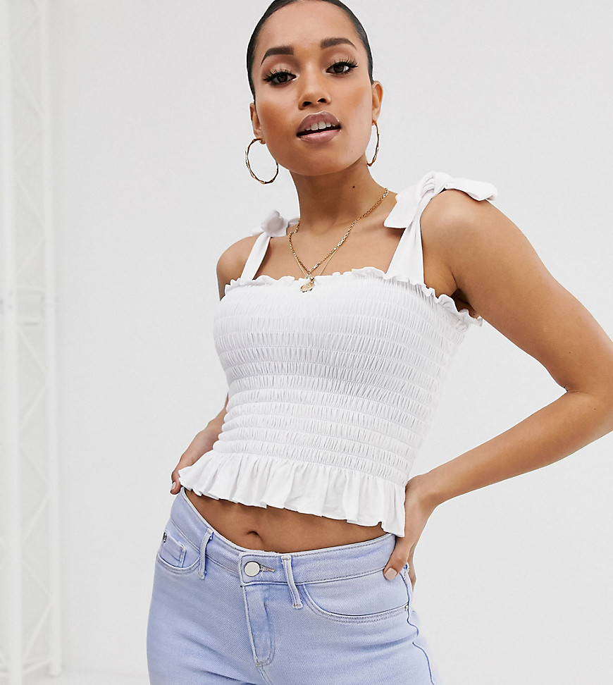 Boohoo Petite exclusive shirred crop top with tie sleeves in white