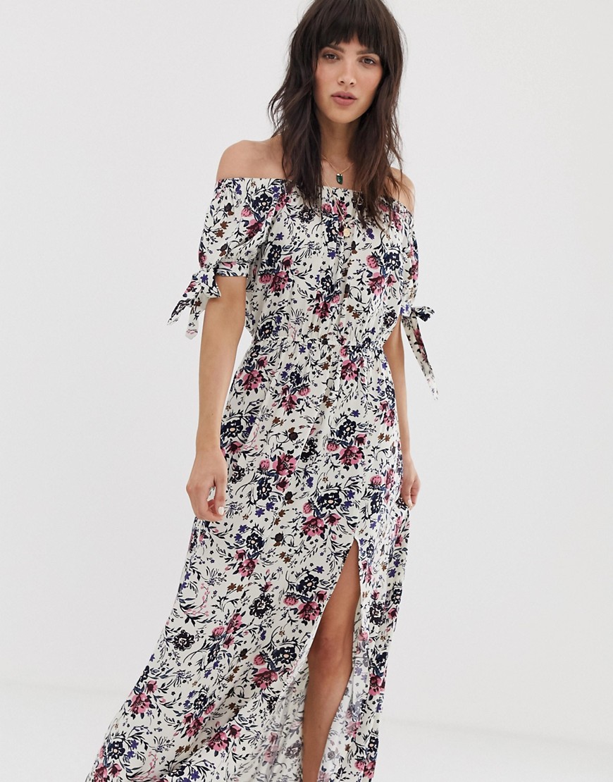 Band of off shoulder maxi dress with tie sleeves in white floral print