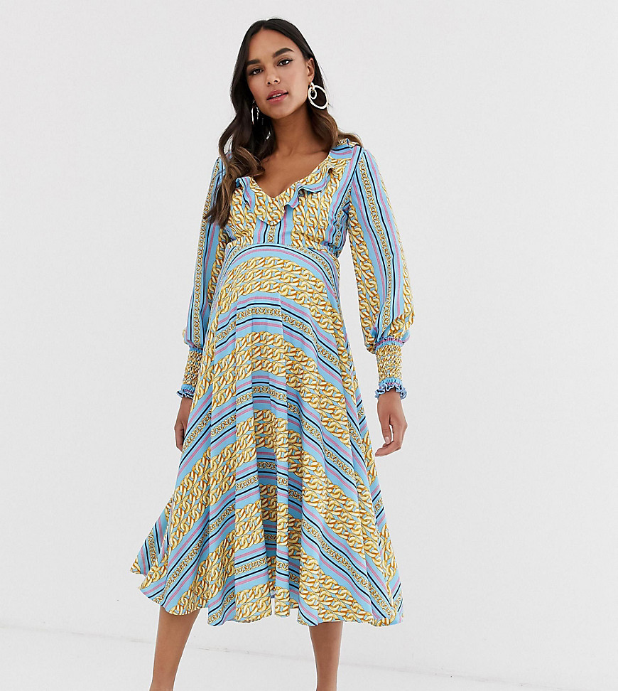 Queen Bee Maternity ruffle plunge front midaxi dress in chain print