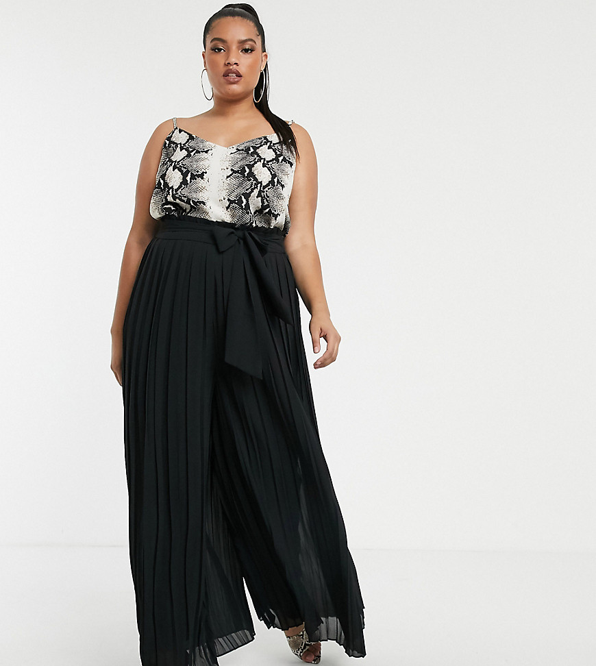 TFNC Plus pleated wide leg trousers co-ord with tie waist in black