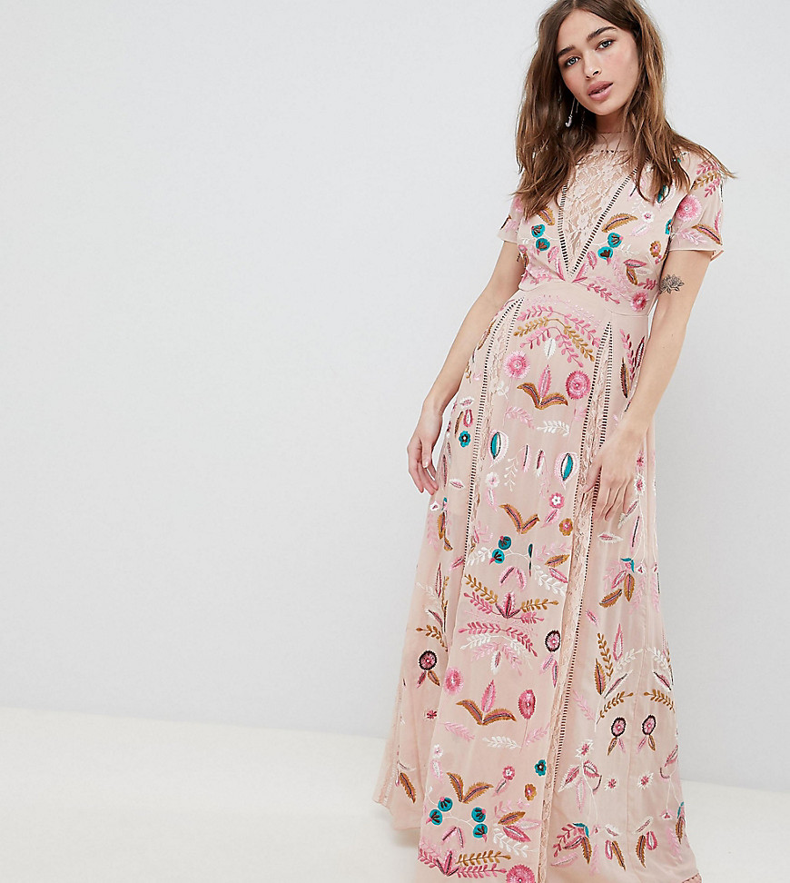 Frock And Frill Petite Allover Embroidered Plunge Front Maxi Dress - Pink