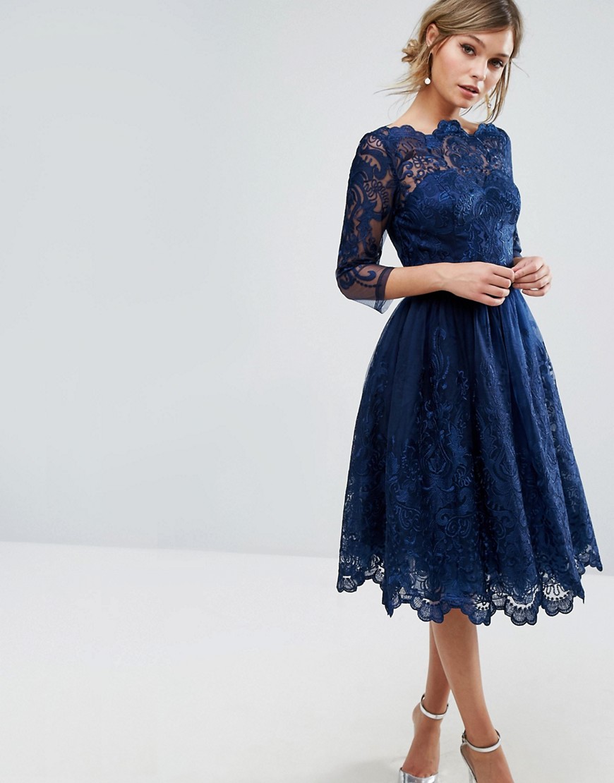 Chi Chi London Premium Lace Midi Dress With 3/4 Length Sleeve - Navy