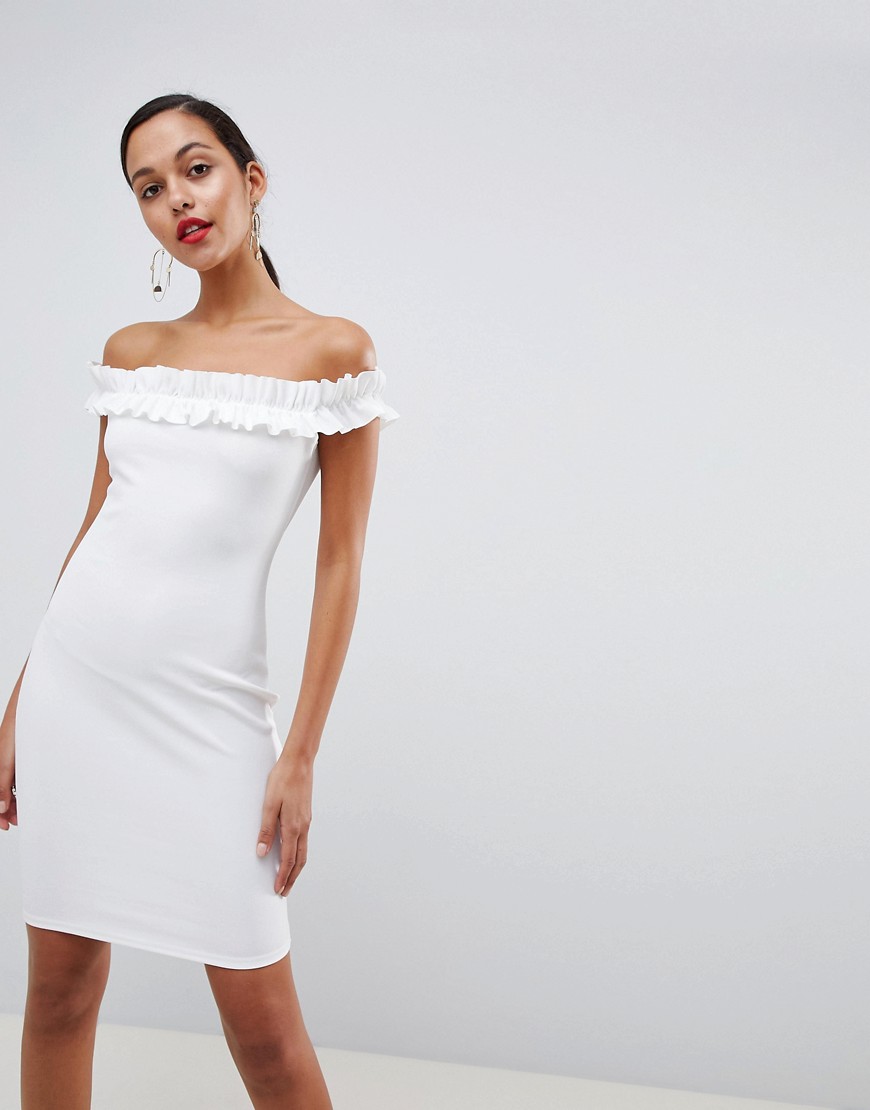 Outrageous Fortune bardot ruffle detail bodycon dress in white