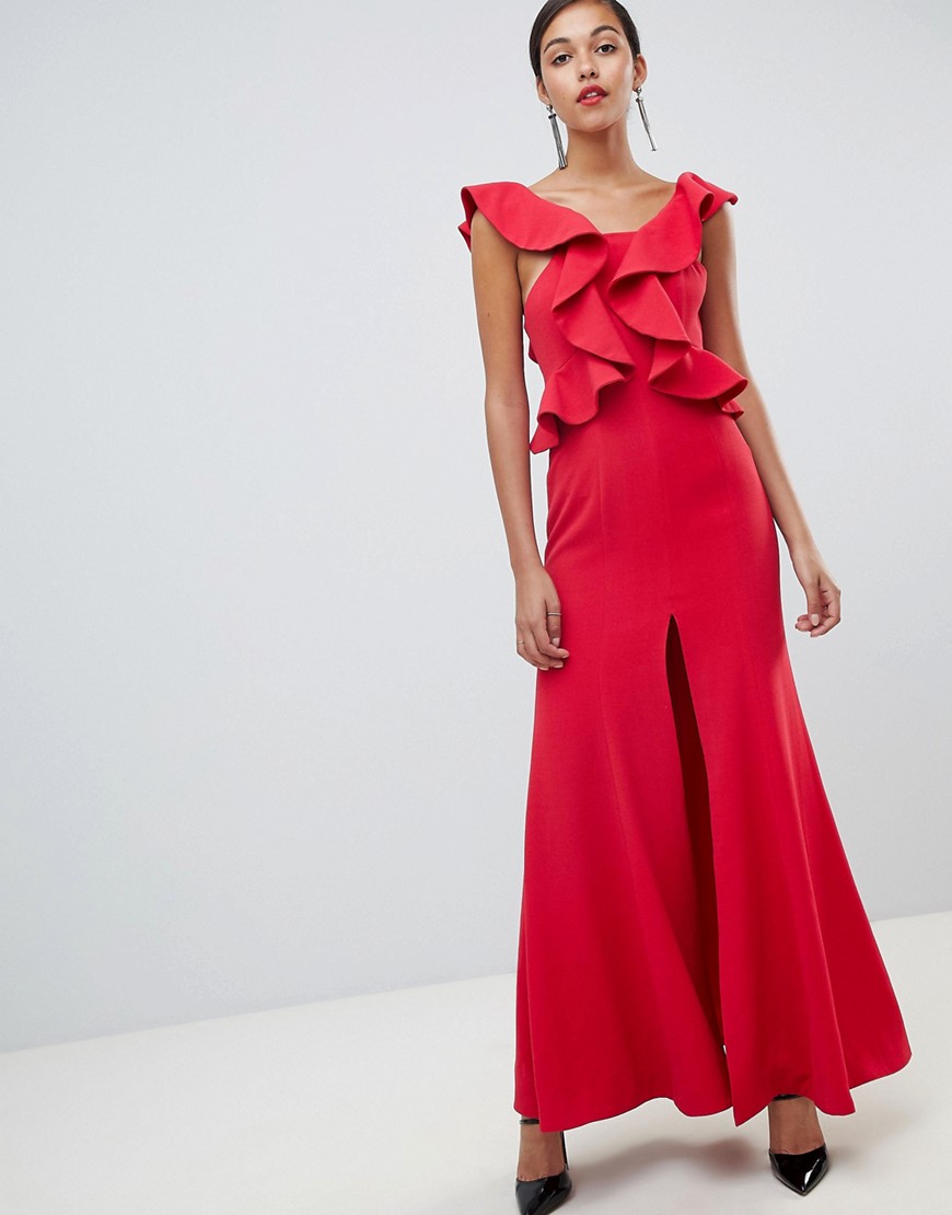 C/meo Structured Ruffle Maxi Gown - Chilli