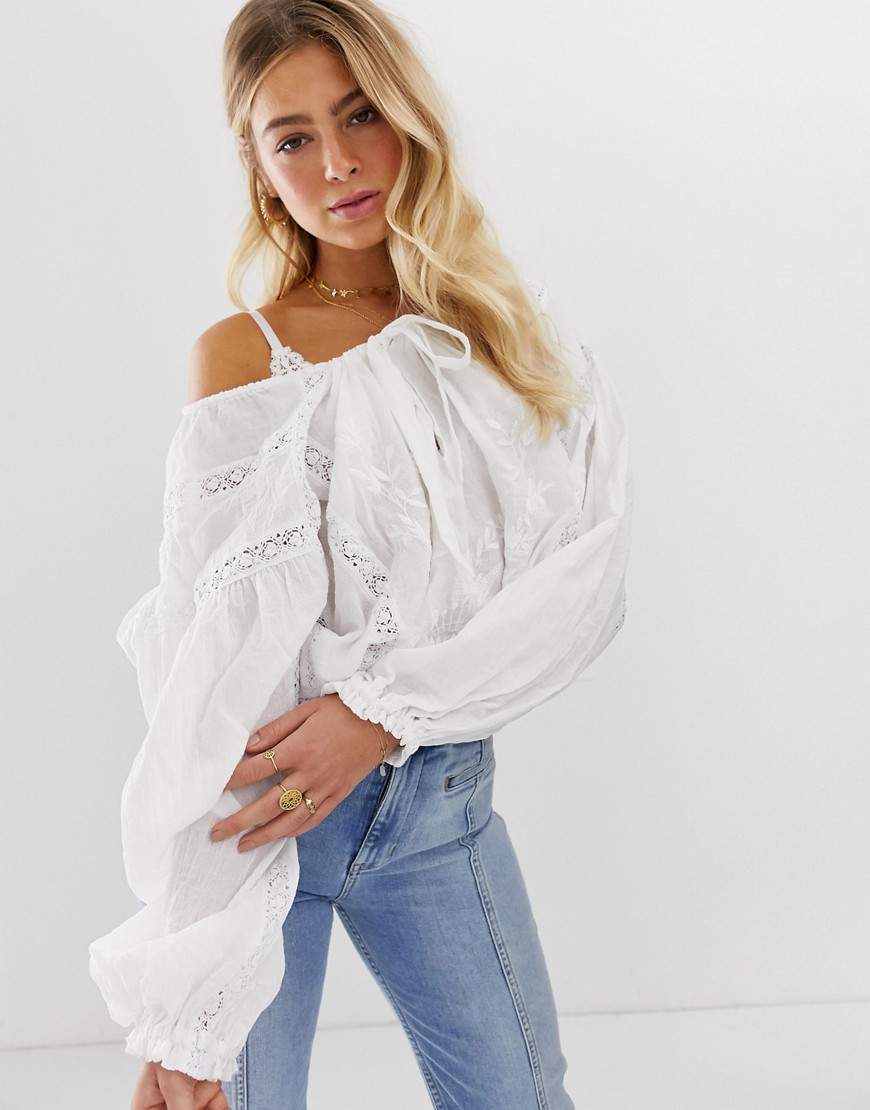 Free Preople Maria Maria balloon sleeve blouse with lace inserts
