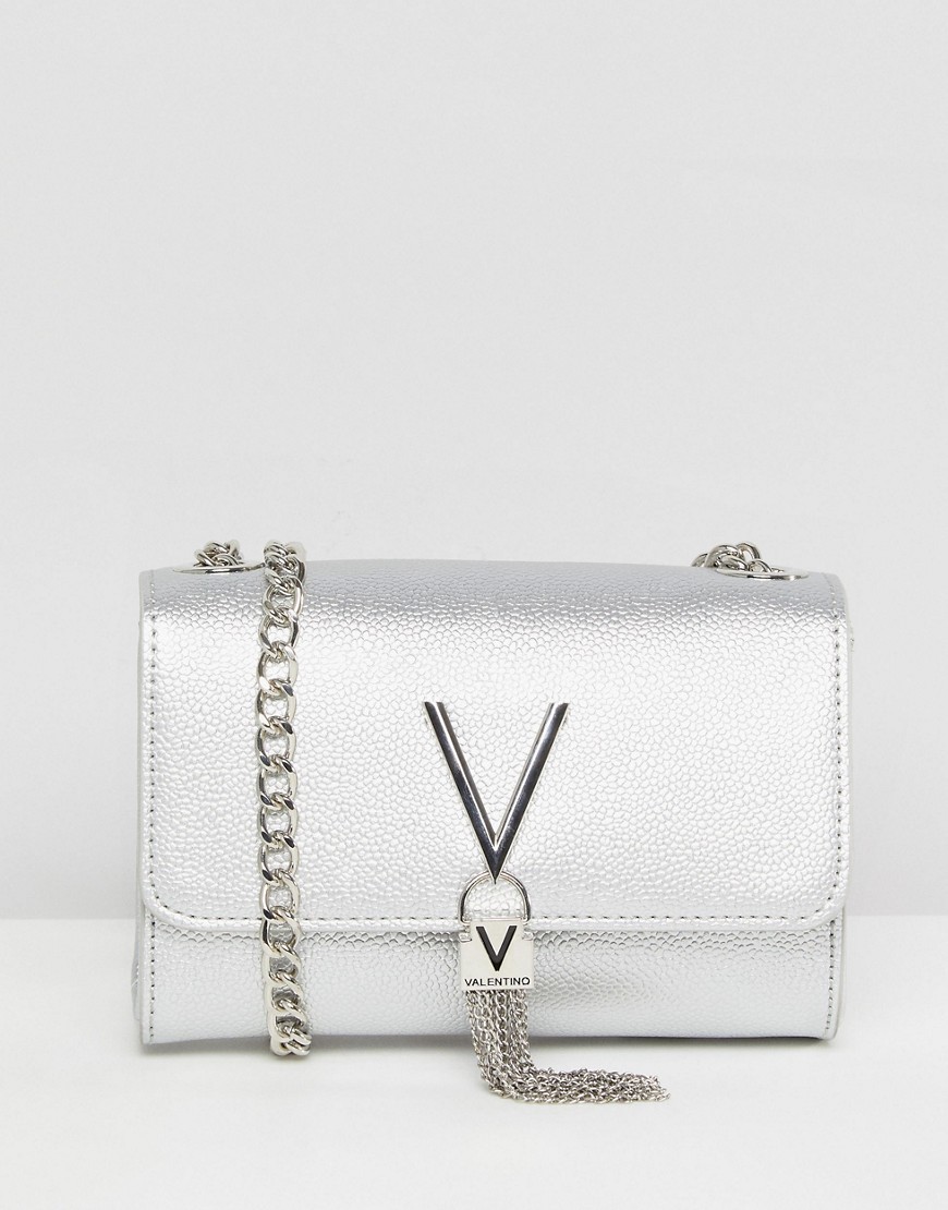 Valentino by Mario Valentino Divina foldover tassel detail cross body bag in silver