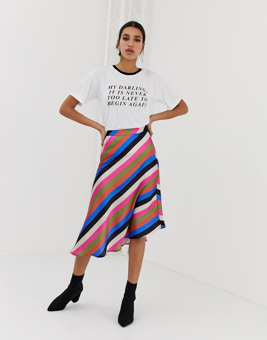 Neon Rose asymmetric midi skirt in luxe stripe