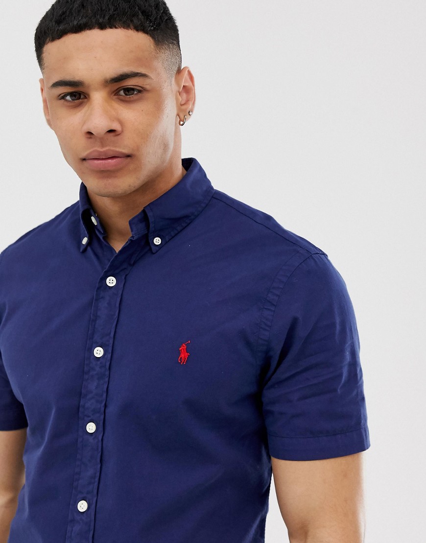 Polo Ralph Lauren player logo short sleeve lightweight twill shirt slim fit in navy
