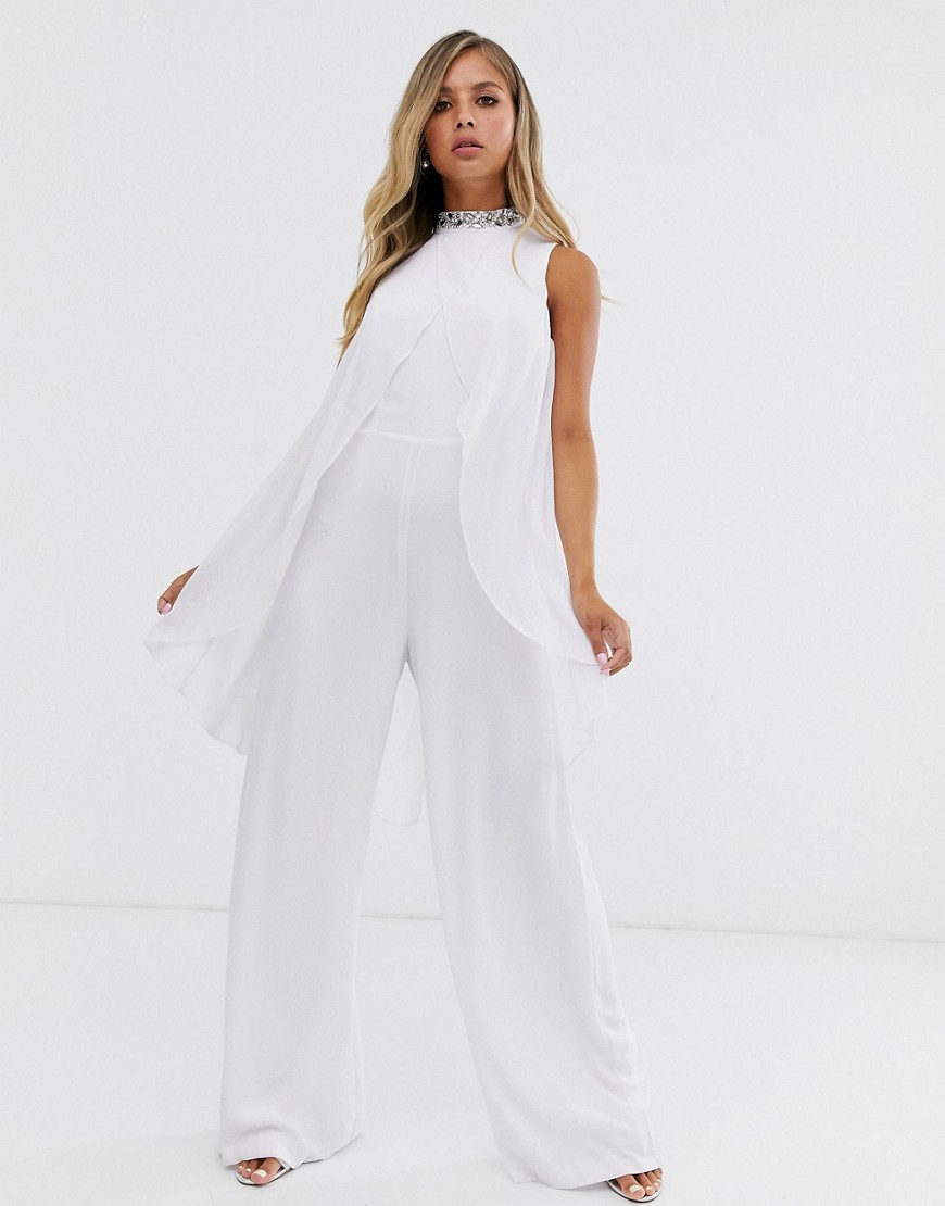 Lipsy embellished cape jumpsuit in white