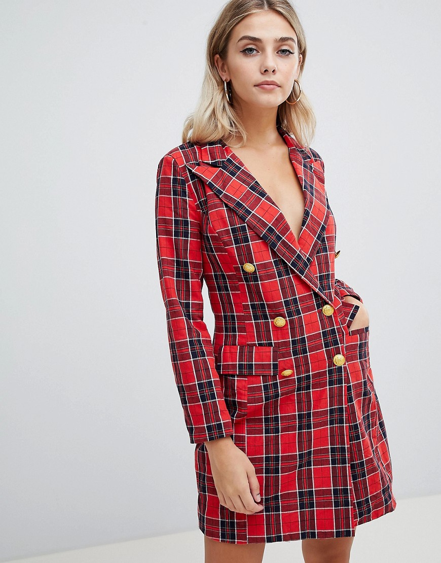 Missguided tux dress with gold buttons in red tartan