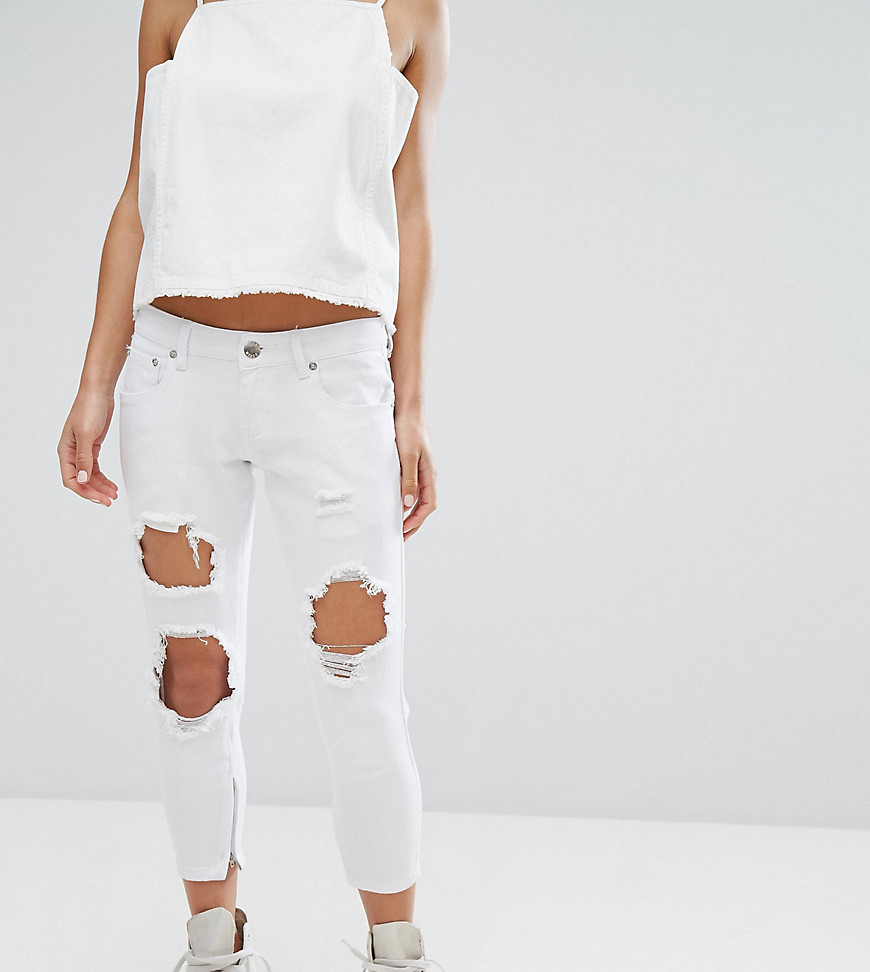 Liquor & Poker Petite Skinny Jeans With Extreme Distressing Ripped Knees - White