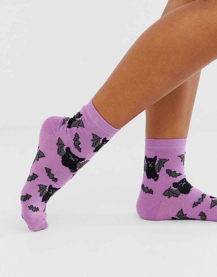 ASOS DESIGN Halloween bat cat socks in purple