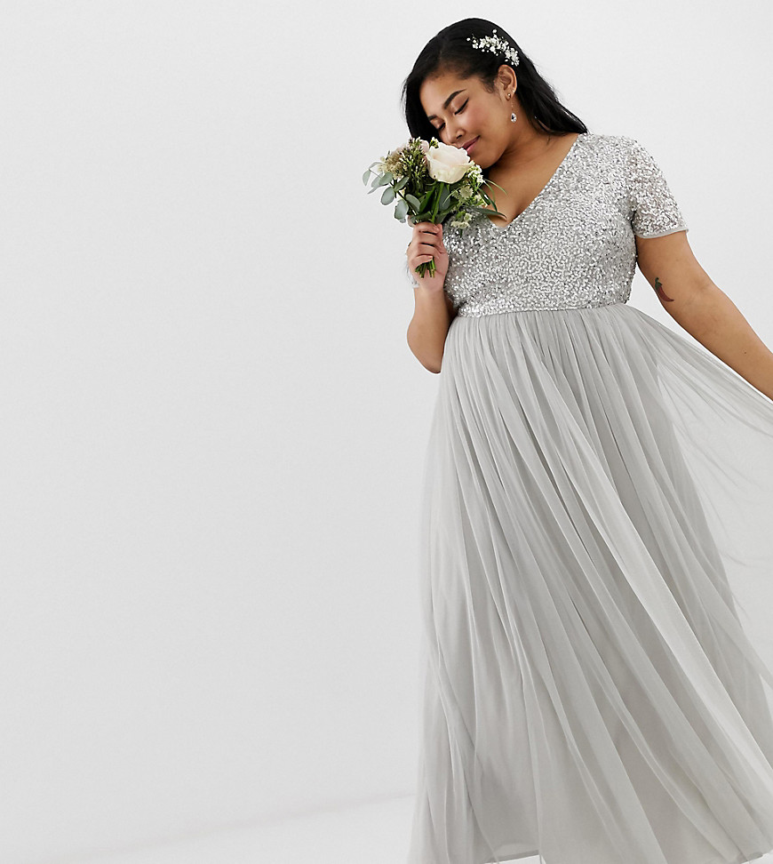 Maya Plus Bridesmaid v neck maxi tulle dress with tonal delicate sequins in silver