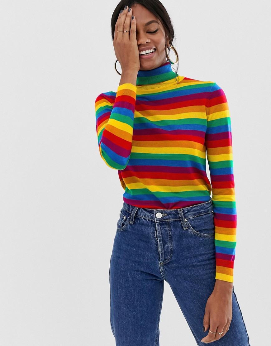 Warehouse rainbow stripe roll neck jumper