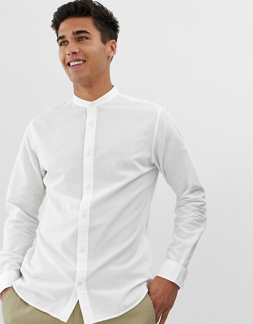 Jack & Jones Essentials slim fit grandad collar linen mix shirt in white