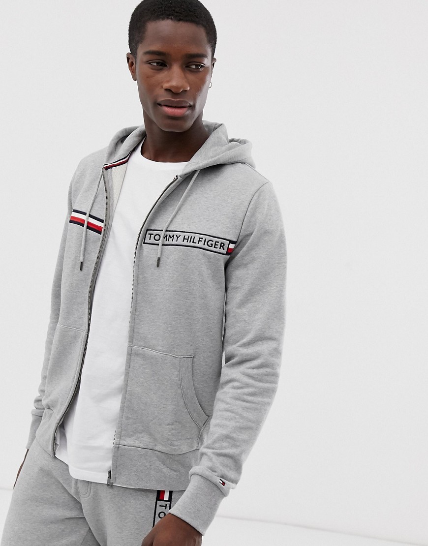 Tommy Hilfiger zip through hoodie with logo chest stripe in grey