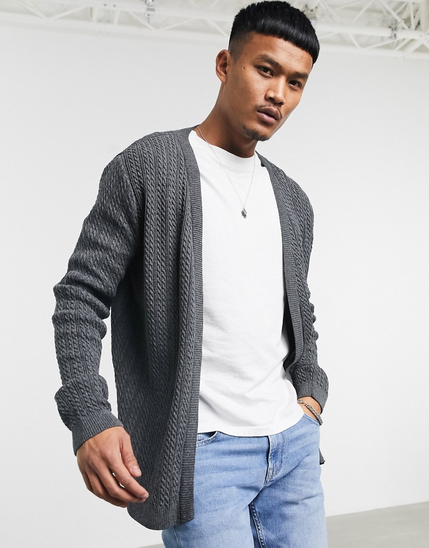 ASOS DESIGN lightweight cable cardigan in charcoal