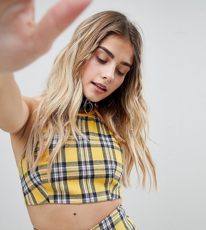 One Above Another Halter Neck Top In Check Co-Ord - Yellow check