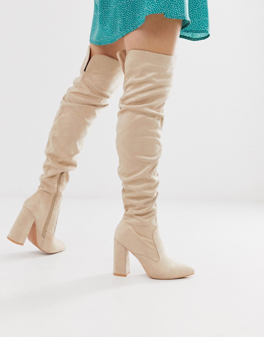 Lost Ink ruched over the knee boot in beige