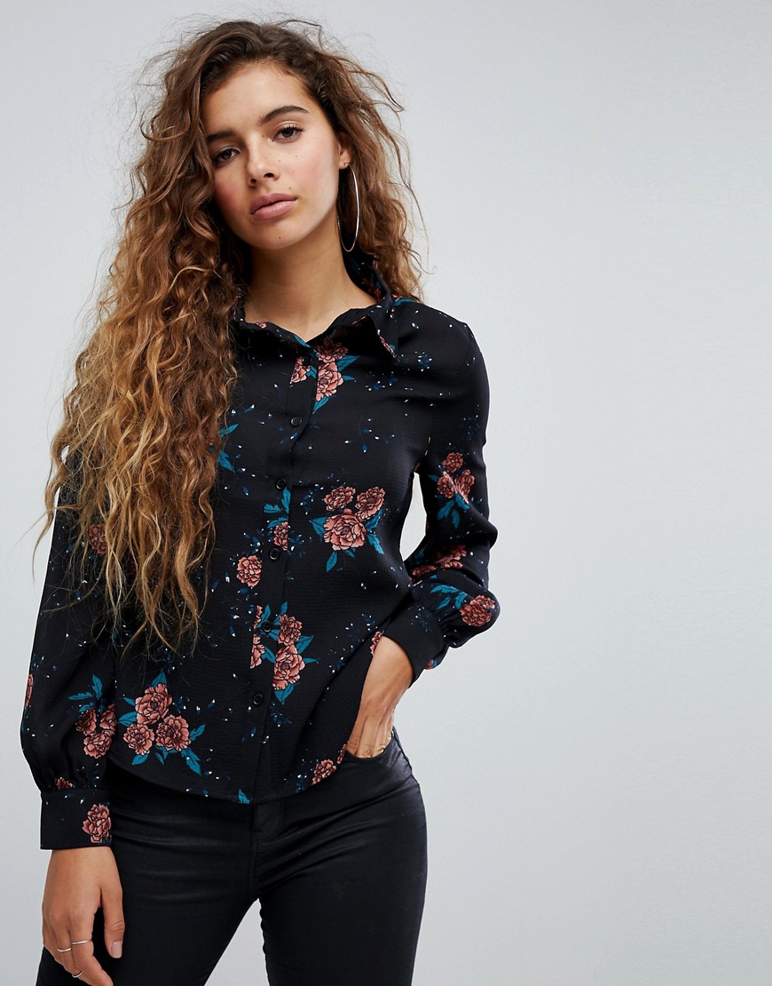 Fashion Union Blouse With High Neck In Vintage Floral - Black multi