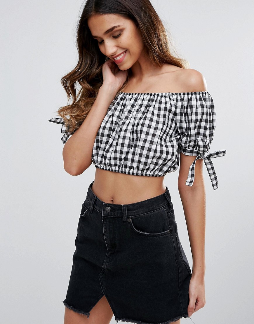 Missguided Bardot Crop Top In Gingham - Black/white
