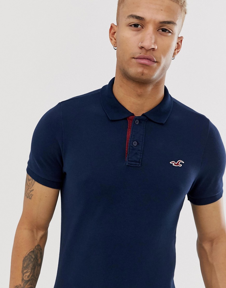 Hollister icon logo modern collar pique polo slim muscle fit in navy