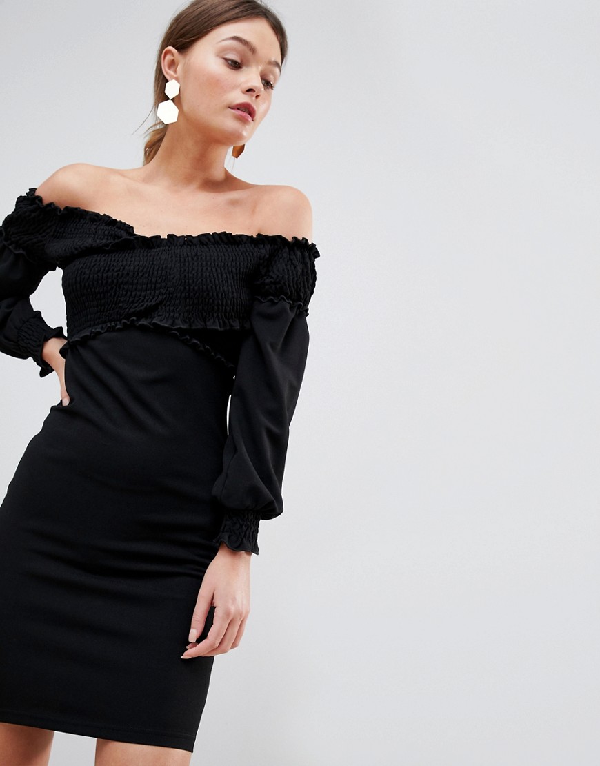 Parisian Off Shoulder Dress With Ruching Detail - Black
