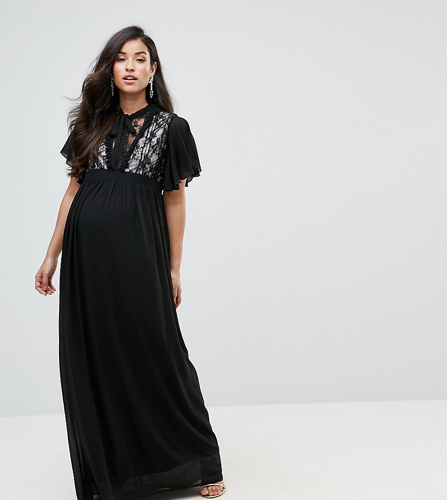 TFNC Maternity Highneck Maxi Dress With Top Lace Insert - Black/nude
