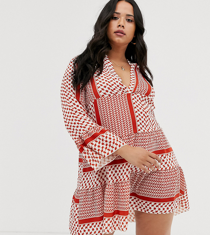 Boohoo Plus smock dress in mixed red print