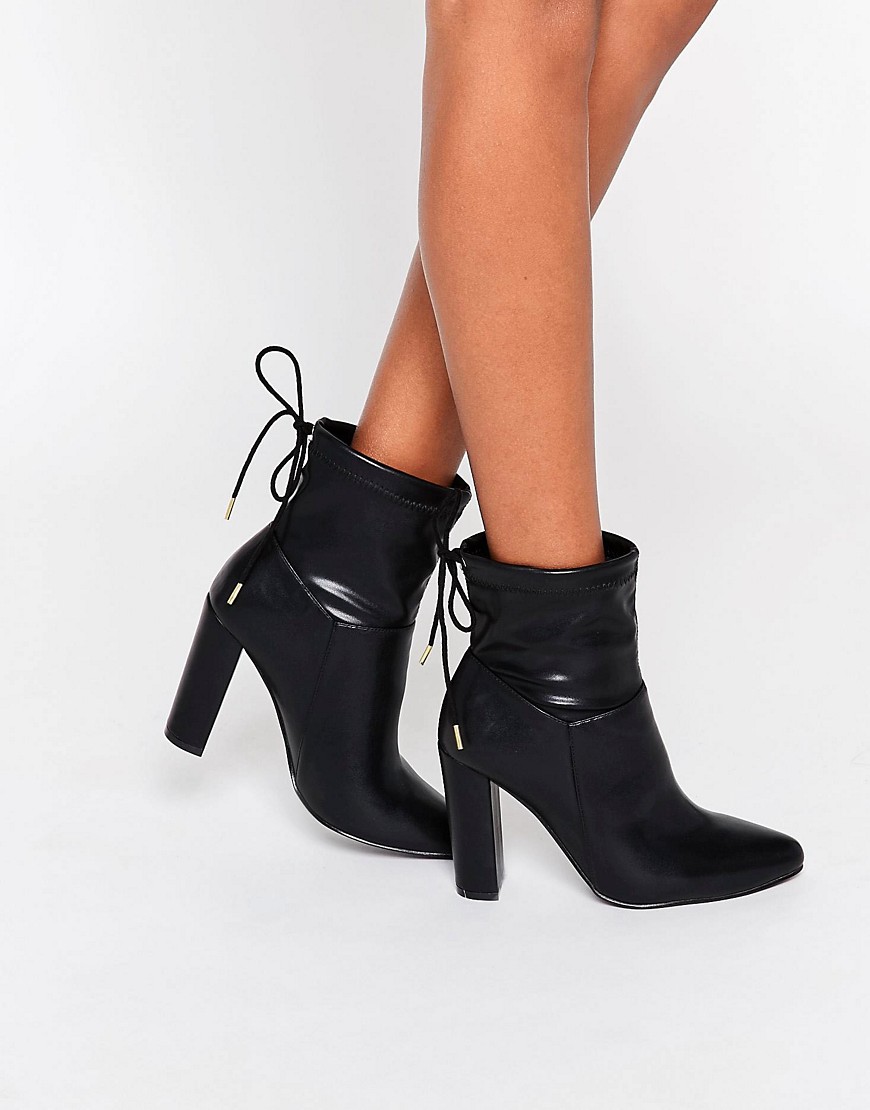 Truffle Collection Heeled Ankle Boot With Tie Back - Black stretch pu