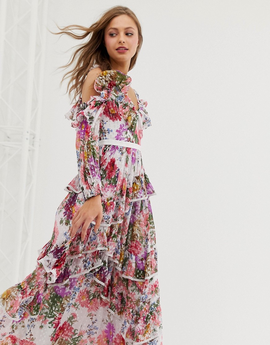 Needle & Thread ruffle cold shoulder maxi dress in allover floral print