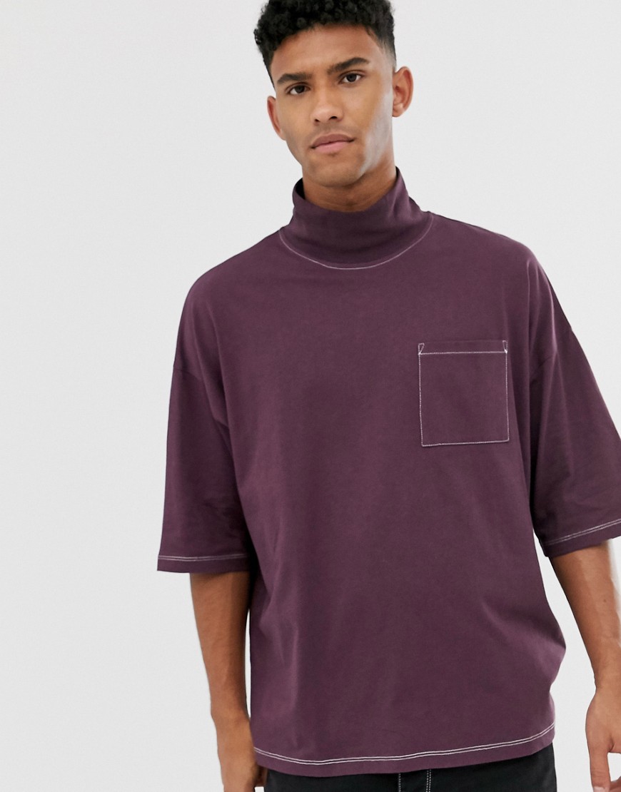 ASOS DESIGN high neck oversized t-shirt with pocket and contrast stitching in dark purple